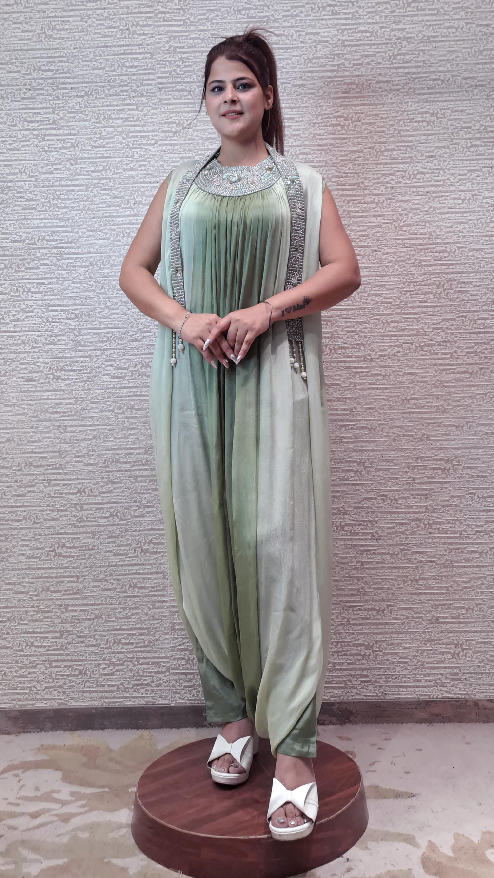 Georgette Jumpsuit In Soothing Shades Of Green With Antique Zari Threadwork