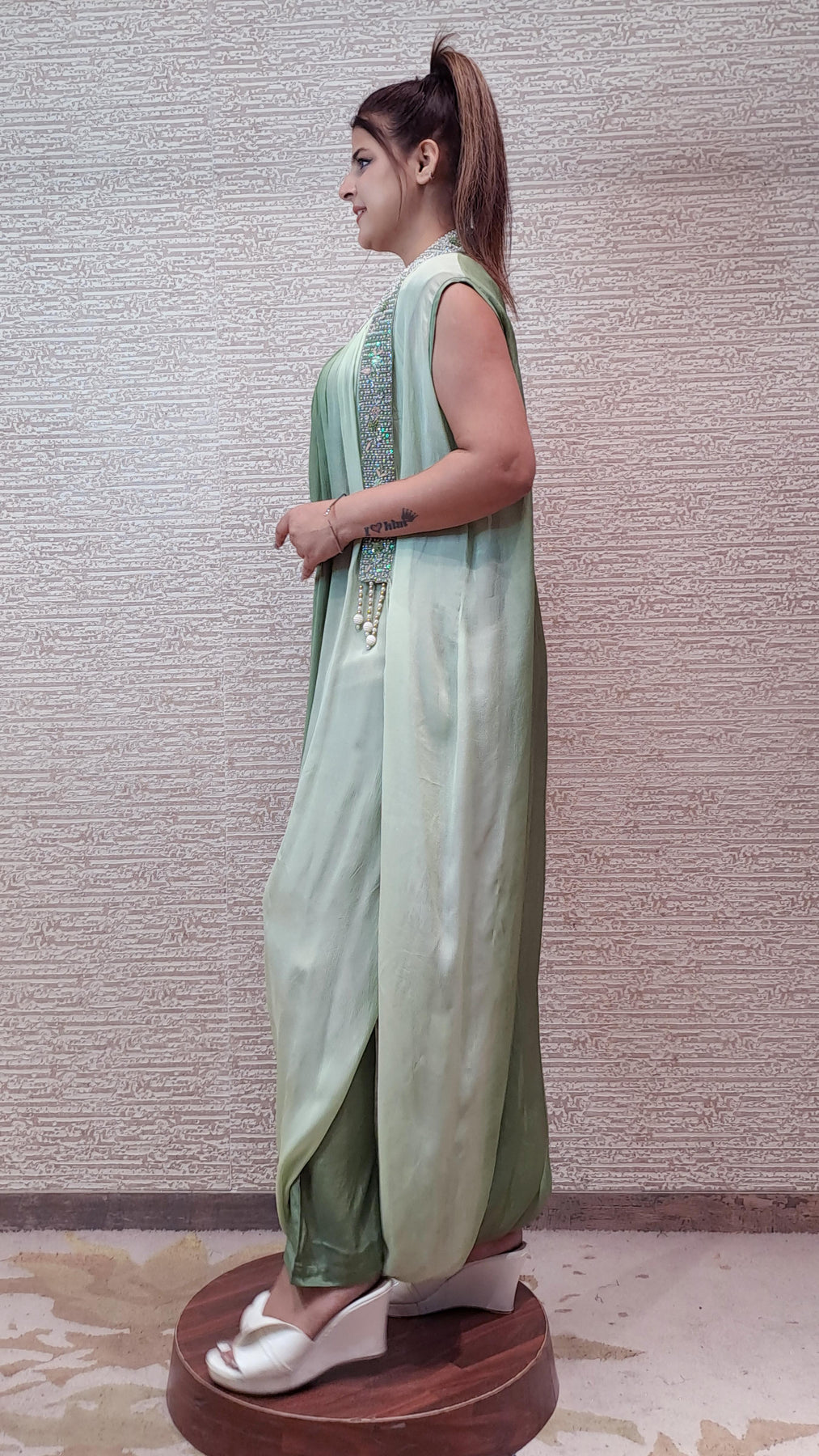 Georgette Jumpsuit In Soothing Shades Of Green With Antique Zari Threadwork