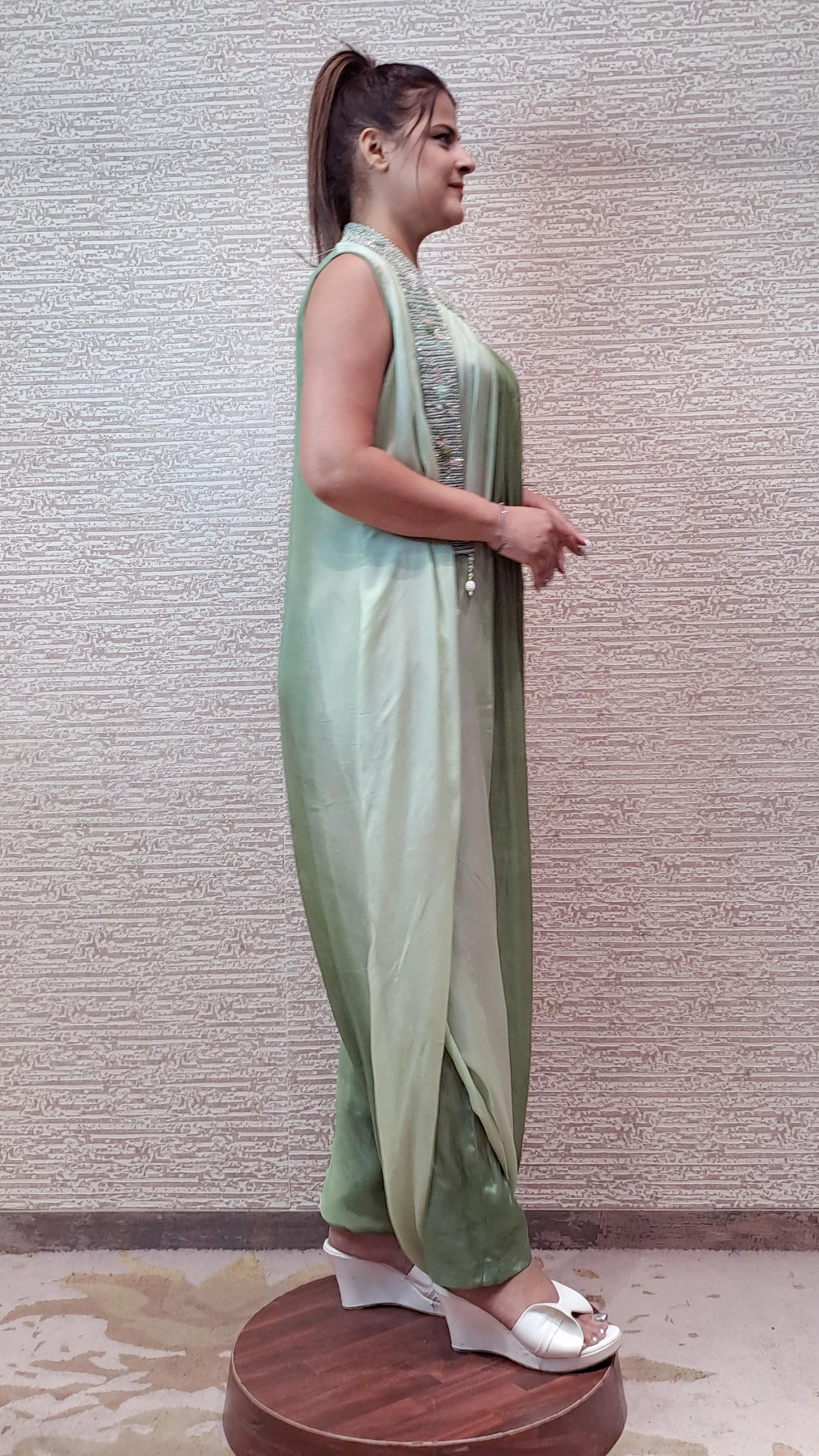 Georgette Jumpsuit In Soothing Shades Of Green With Antique Zari Threadwork