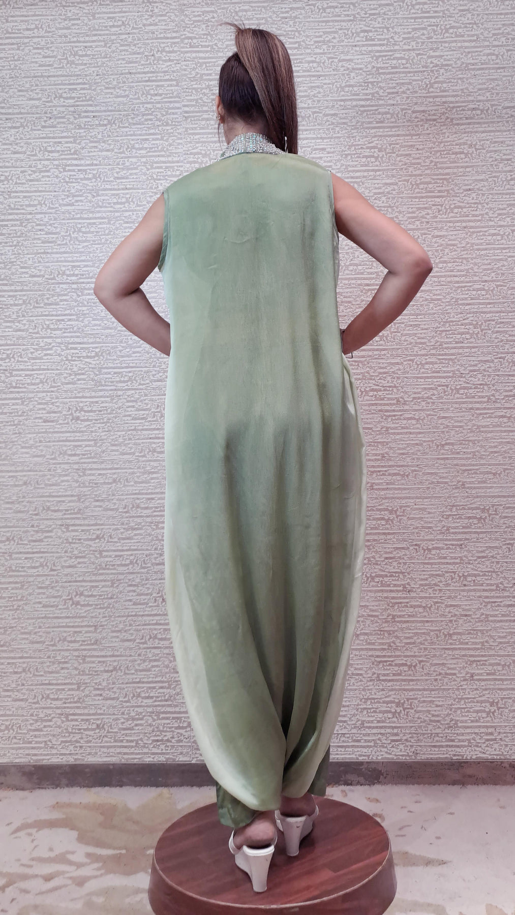 Georgette Jumpsuit In Soothing Shades Of Green With Antique Zari Threadwork