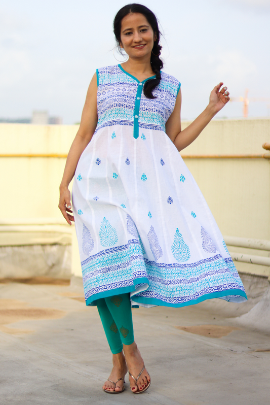Block Printed Cotton Anarkali Kurti  White Jasmine (KURTI)