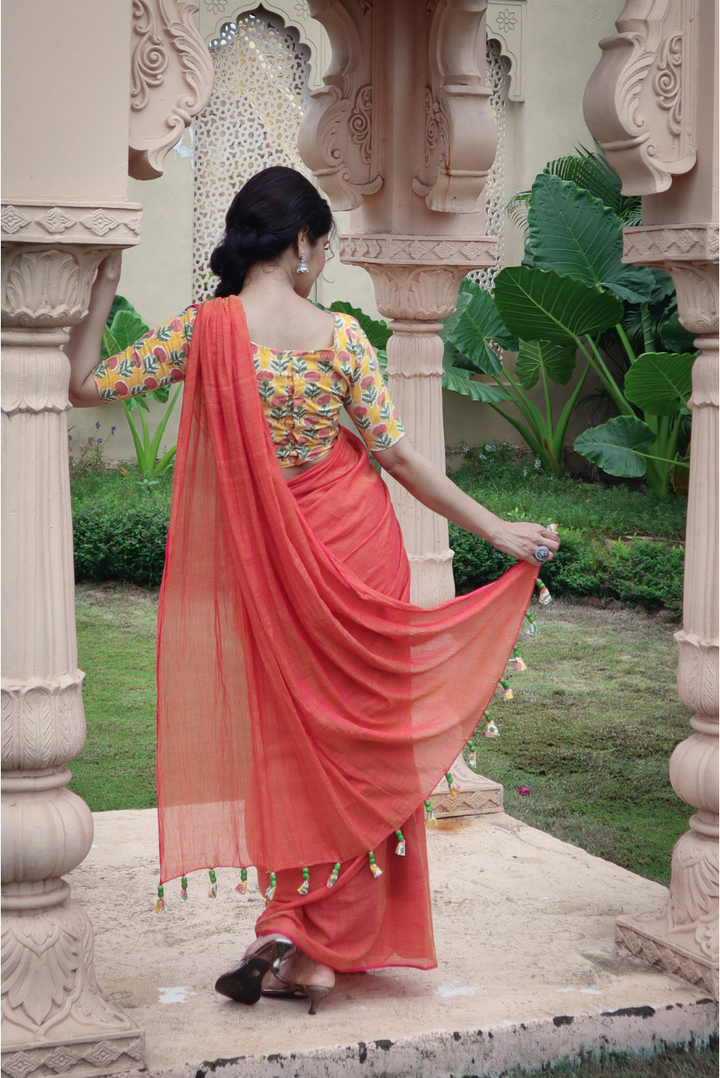 Mulmul Saree with Block Printed Tassels  Sukhe Patton sa Narangi (SAREE)