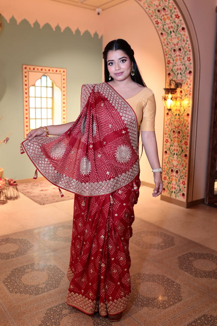 Luxurious Scarlet Gajji Saree with Intricate Embroidery