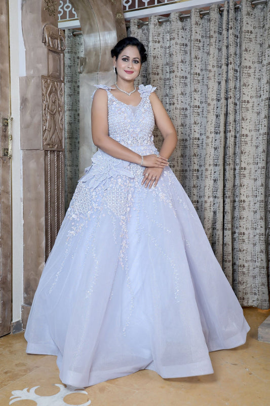 classic sky blue color floral motif embroidered gown