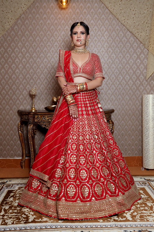 Stunning Vibrant Red Raw Silk Lehenga With Wire Work & Sequins