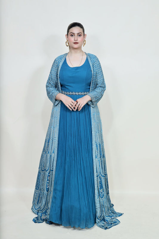 classic blue color floral motif embroidered dress