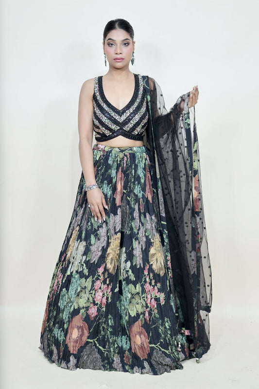 beautiful black color floral motif printed lehenga set