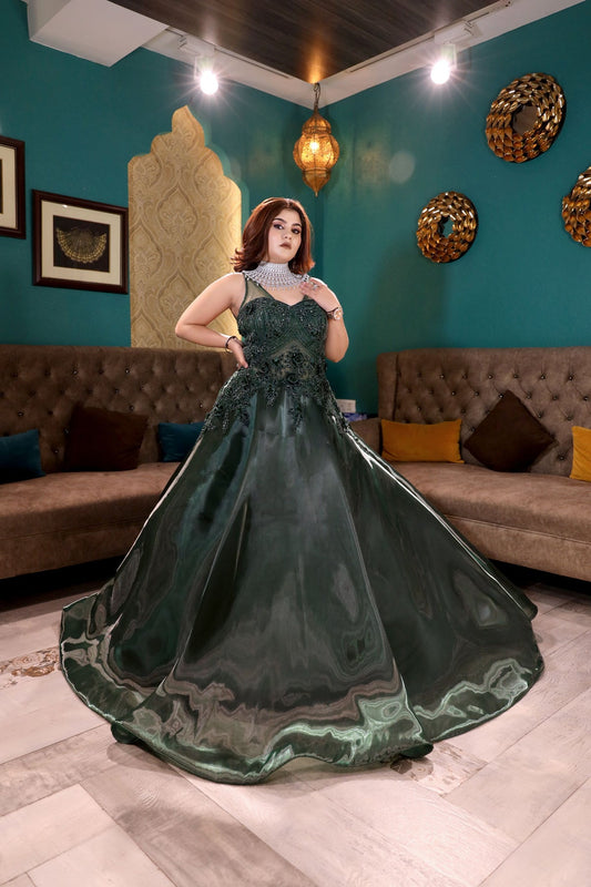 beautiful dark green floral motif embroidered gown