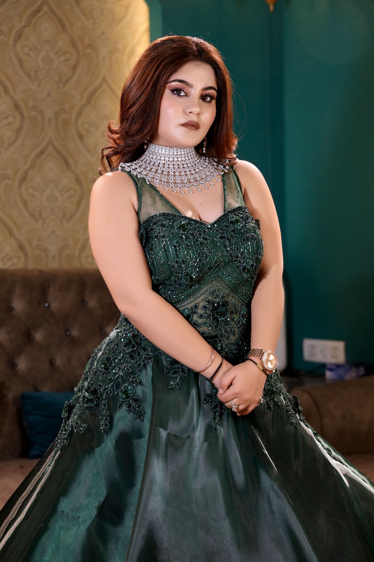 beautiful dark green floral motif embroidered gown