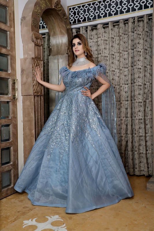 beautiful blue color geomatical motif gown