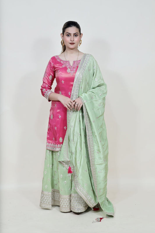 Majenta & Green Color Floral Motif Sharara Set