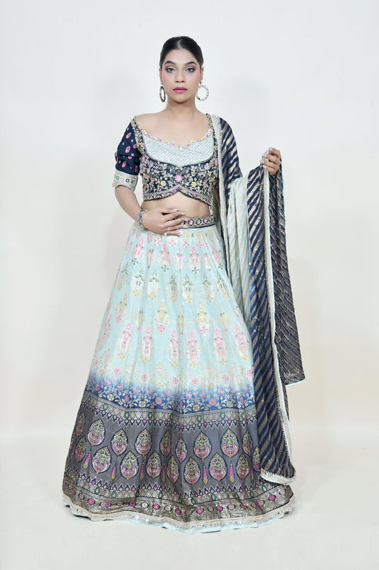 stunning blue floral motif printed lehenga
