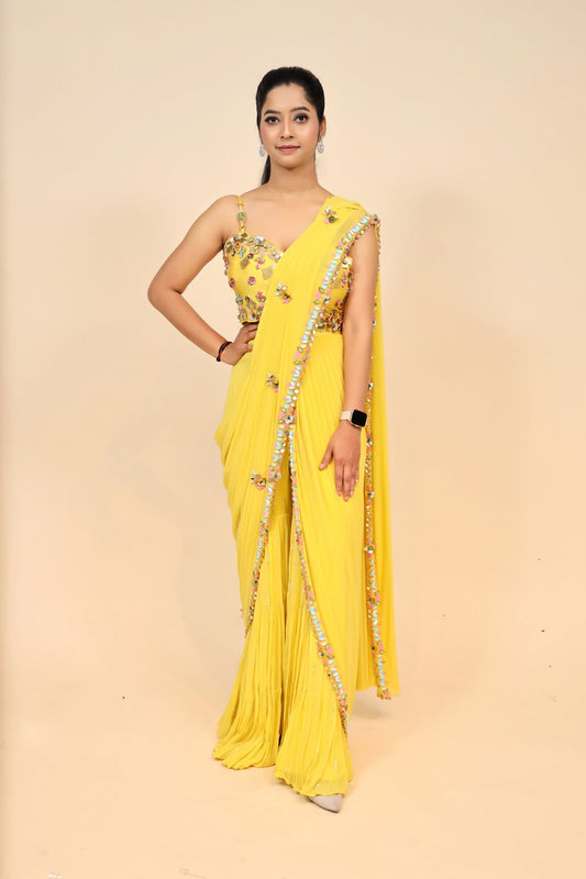 Elegant Yellow Chiffon Dress with Beaded Patti Work - Designer Wear for Women