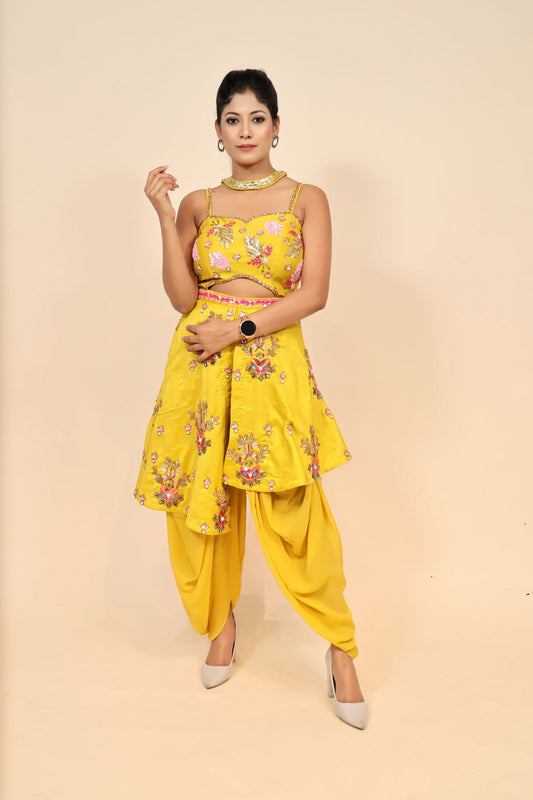 Mustard Yellow Silk Dress with Exquisite Patti Work and Cut Dana Detailing