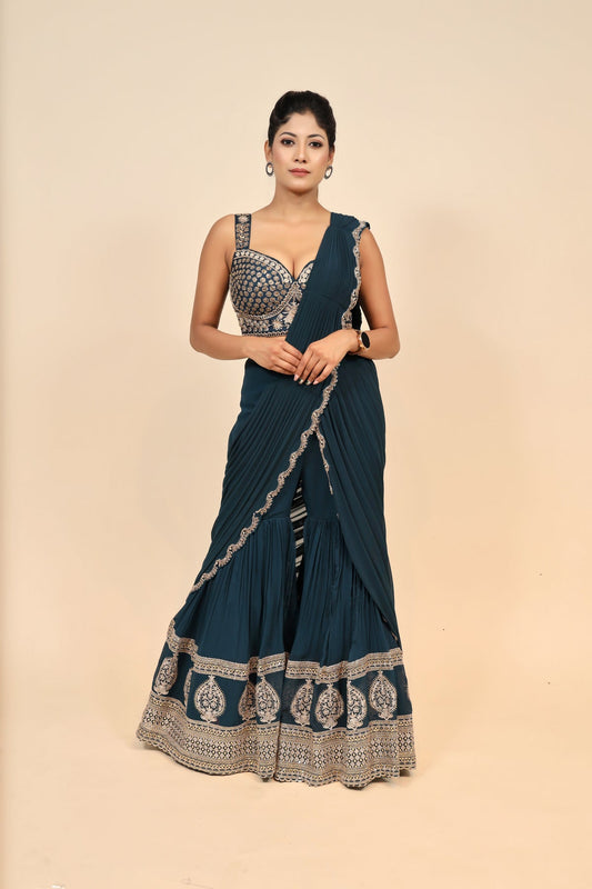 Enchanting Bottle Green Chiffon Dress with Shimmering Sequins and Beads