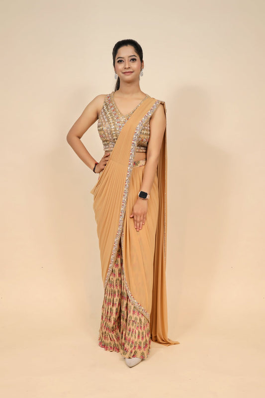 Peach Net Dress with Floral Print and Embellishments