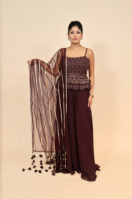 Stand Out In Style with Our Wine Georgette Dress with Cut Dana & Sequins