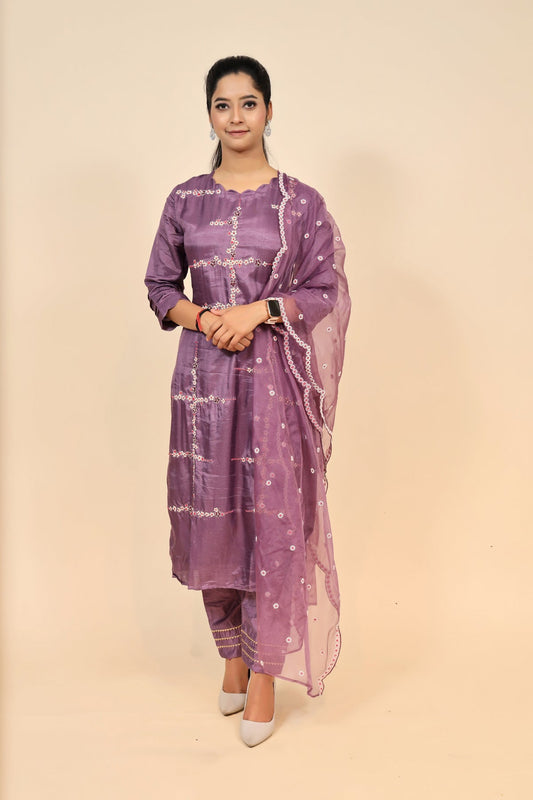 Stunning Purple Raw Silk Suit with Cut Dana and Thread Work