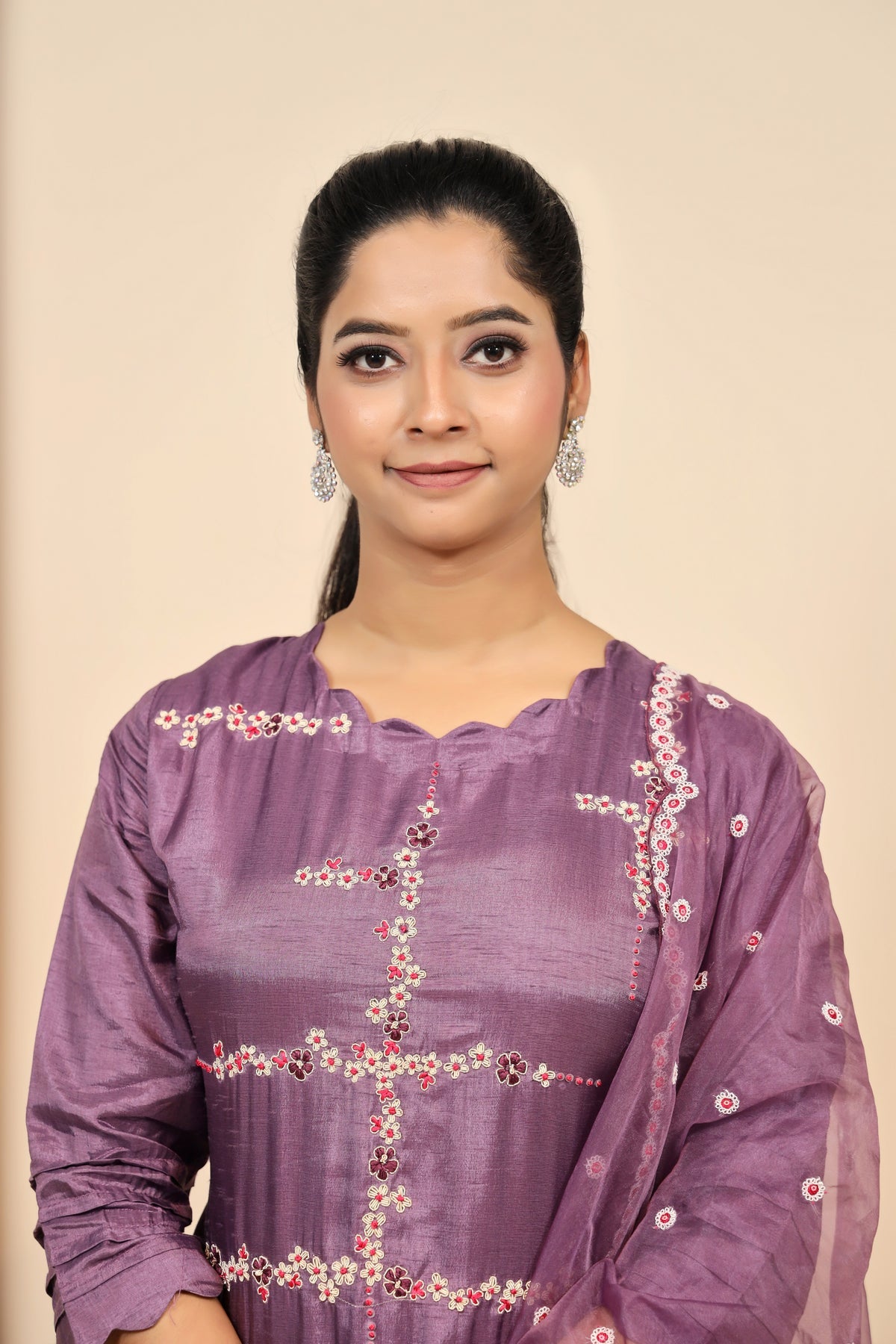 Stunning Purple Raw Silk Suit with Cut Dana and Thread Work