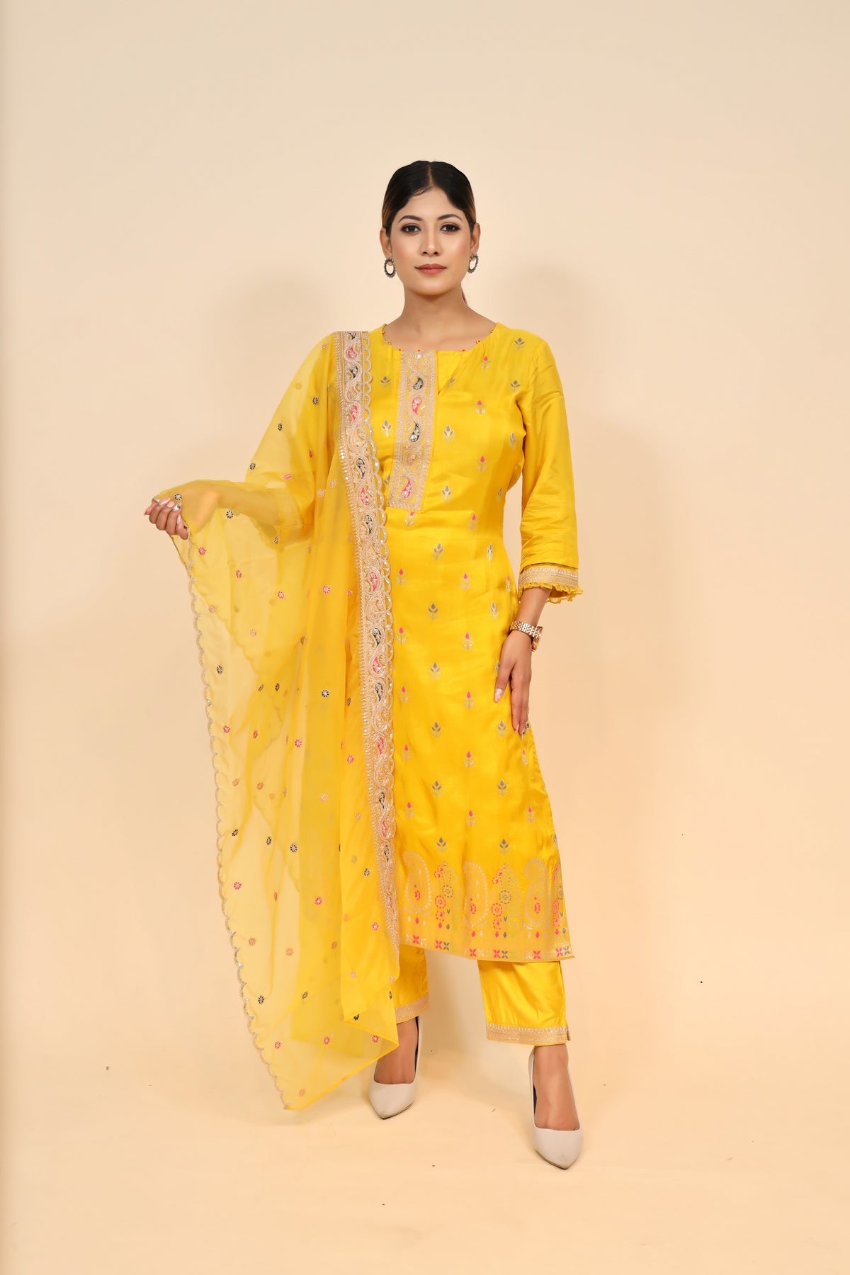 Stunning Yellow Chanderi Silk Suit with Zari & Resham Work