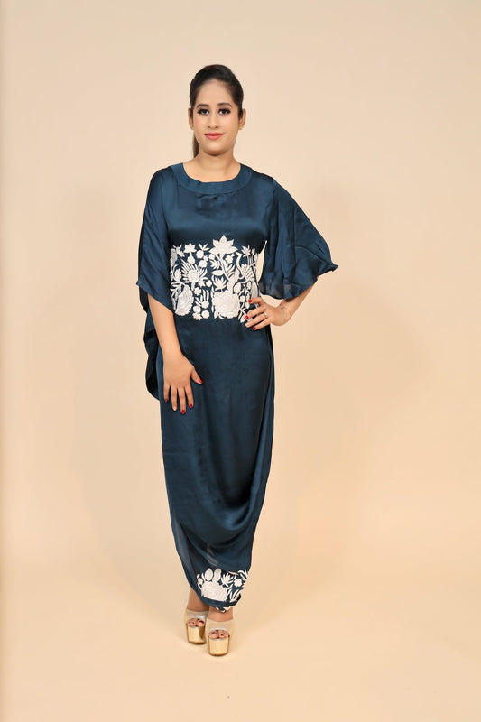 Elegant Navy Blue Satin Silk Dress - Exquisite Machine Embroidery