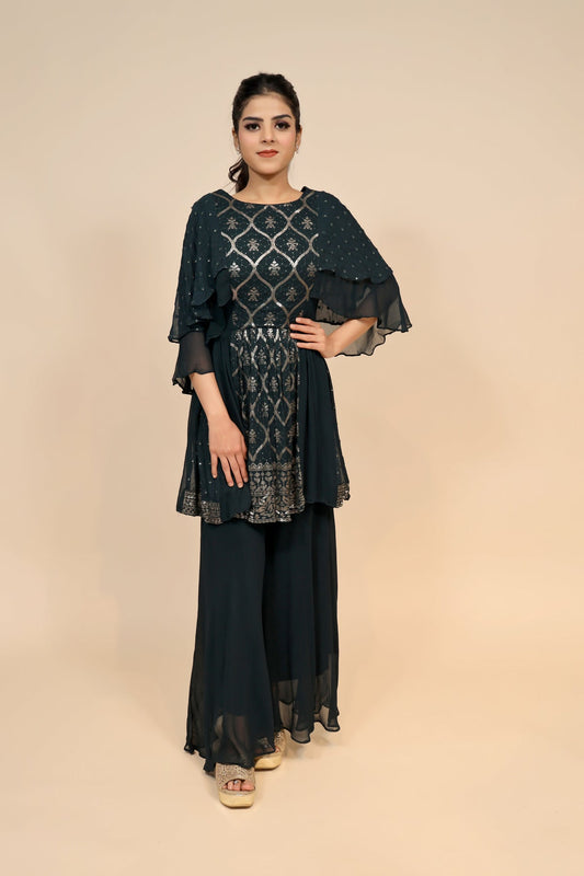 Stunning Bottle Green Georgette Dress - Exquisite Sequin and Thread Work