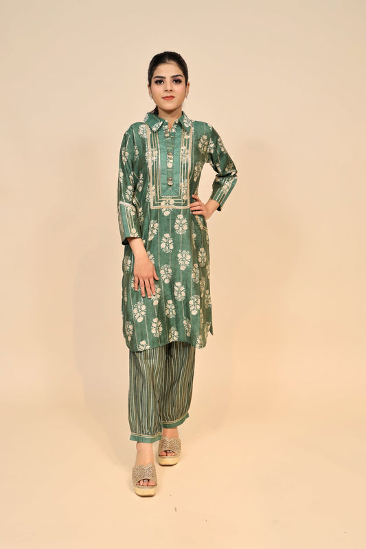 Enchanting Green Modal Silk Kurti with Golden Lace & Gota Patti