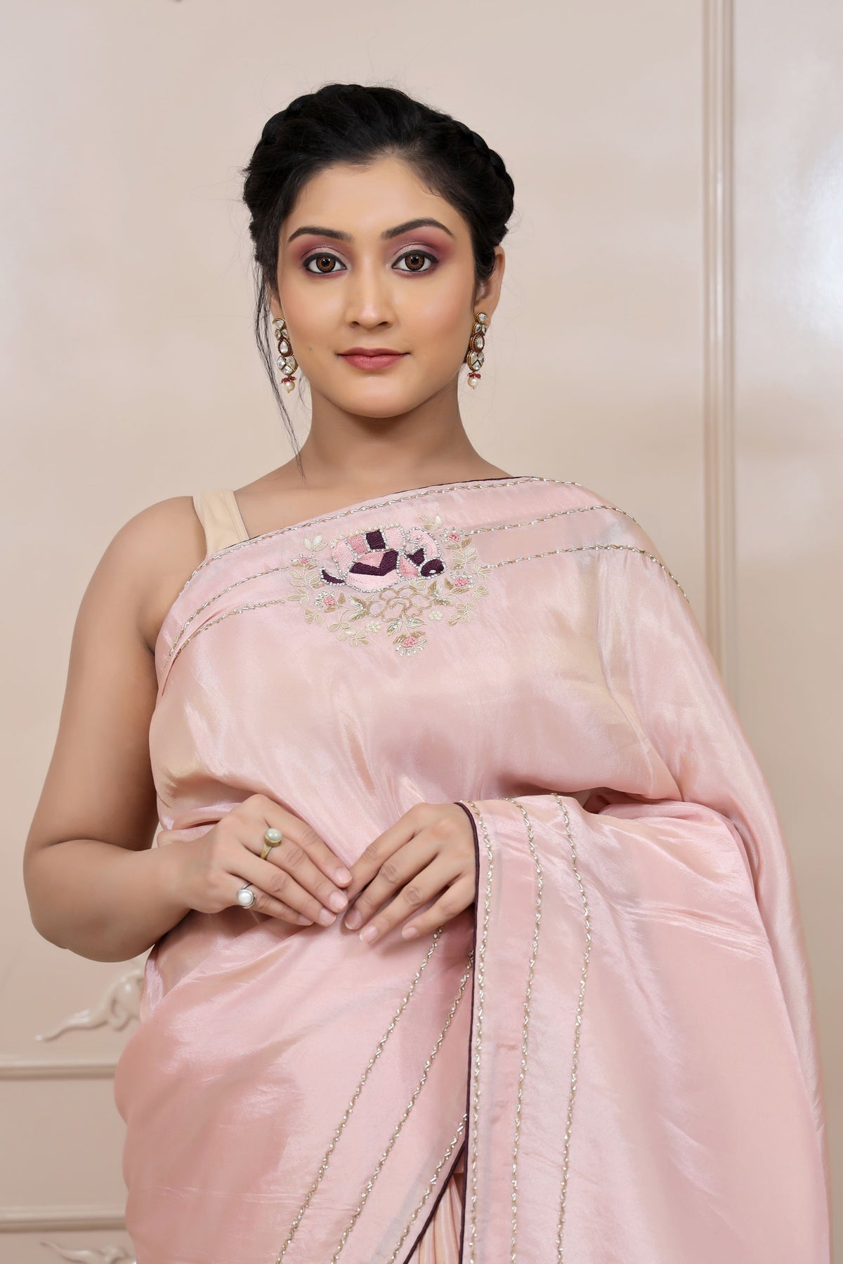 beautiful baby pink color elephant motif embroidered saree