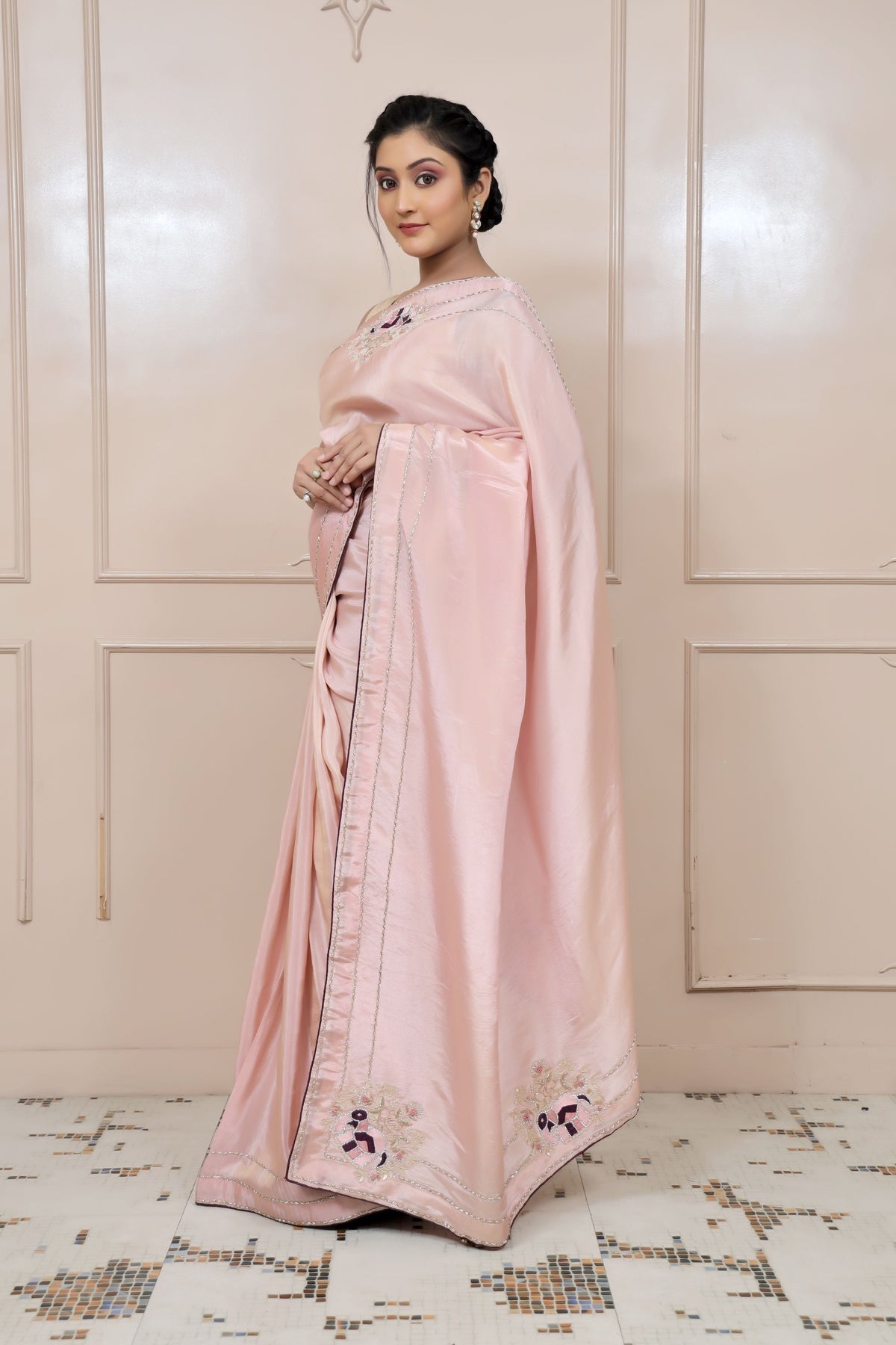 beautiful baby pink color elephant motif embroidered saree