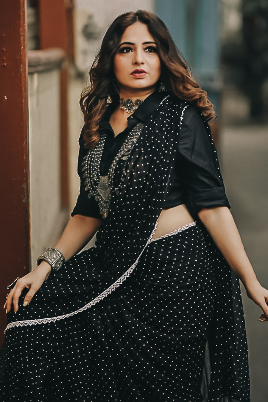 Polka Dotted Mulmul Crochet Lace Saree  Yin (SAREE)