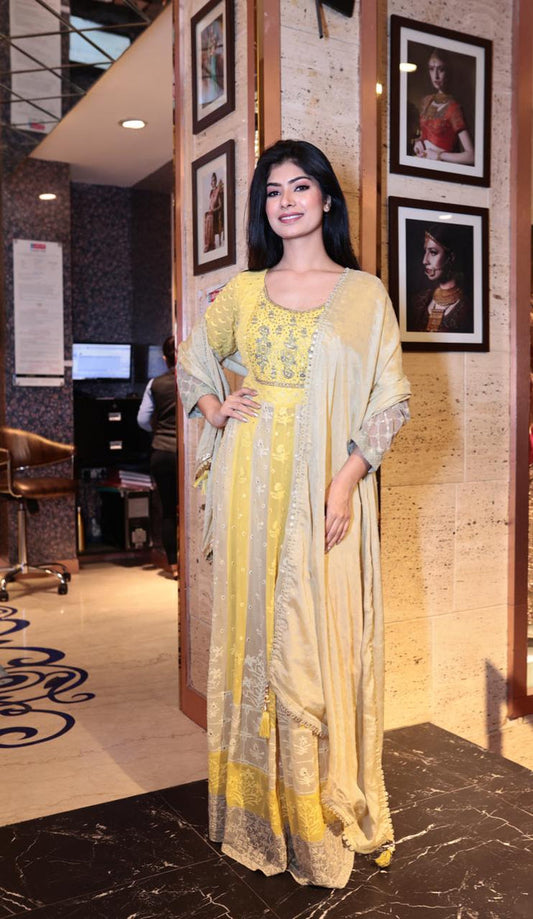 Elegant Lemon Georgette Long Slit Kurti with Pant and Dupatta - 2XL