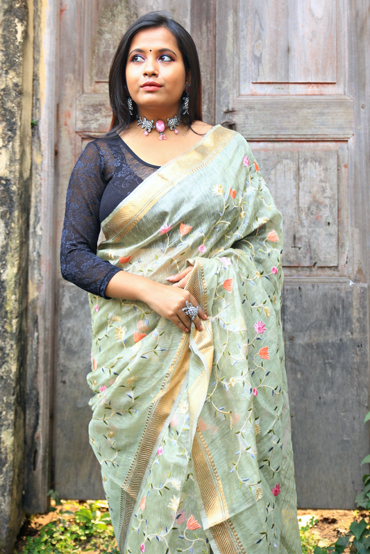 Embroidered Silk Linen Saree  Shayari (SAREE)