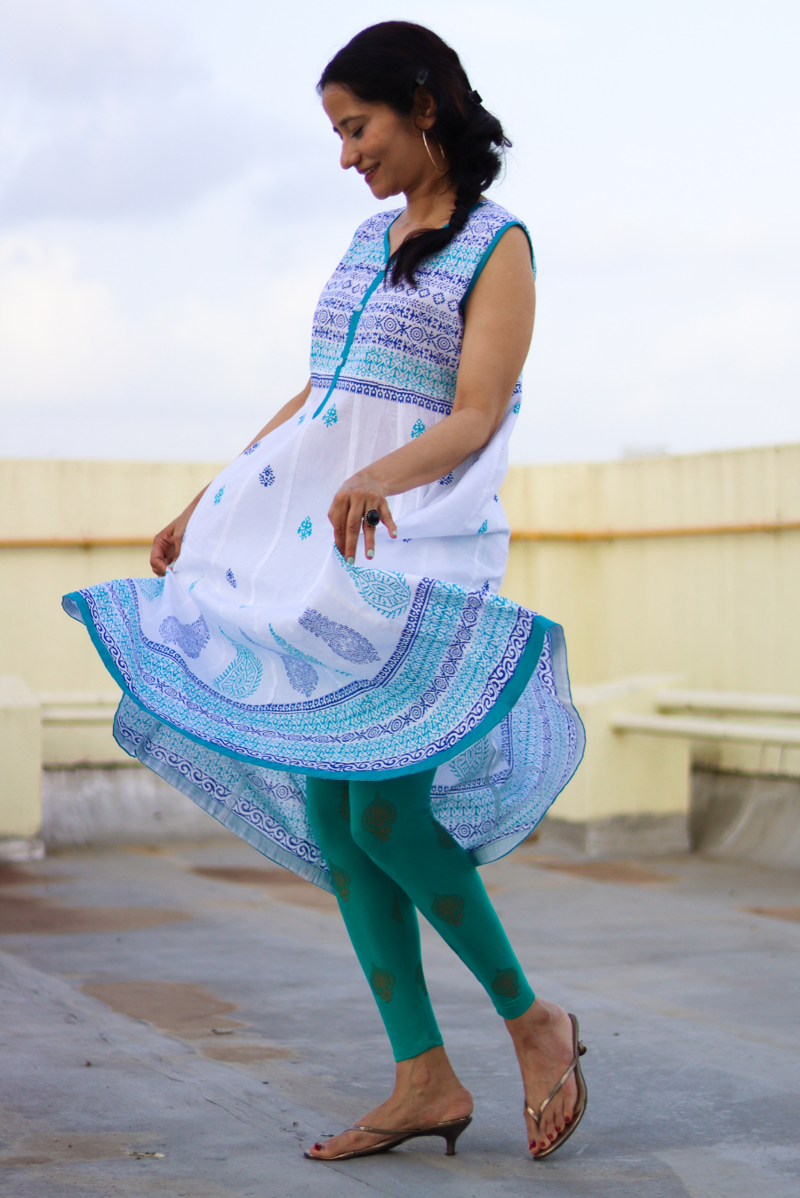 Block Printed Cotton Anarkali Kurti  White Jasmine (KURTI)