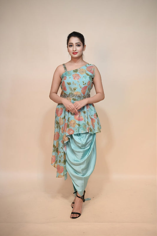 Sky Blue Chinon Dress with Sequins and Mirror Work