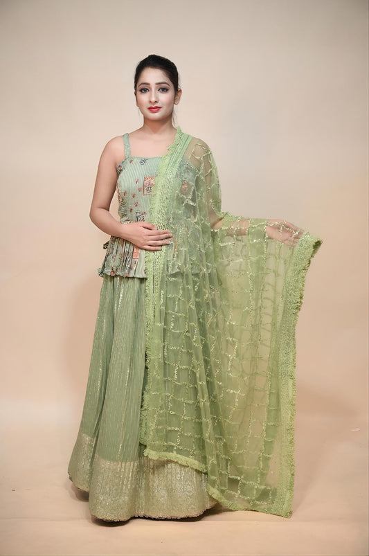 Chic and Stylish Mint Green Crap Silk Dress with Sequins