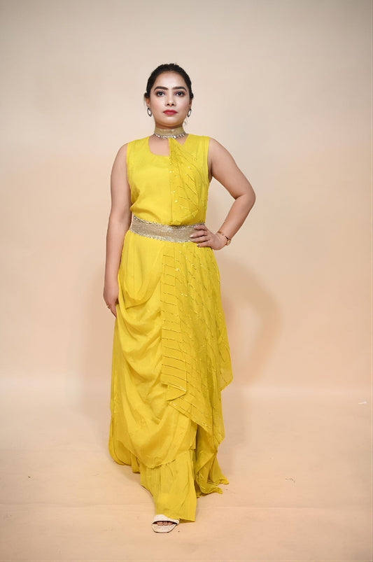 Radiant Yellow Georgette Dress with Stunning Sequins