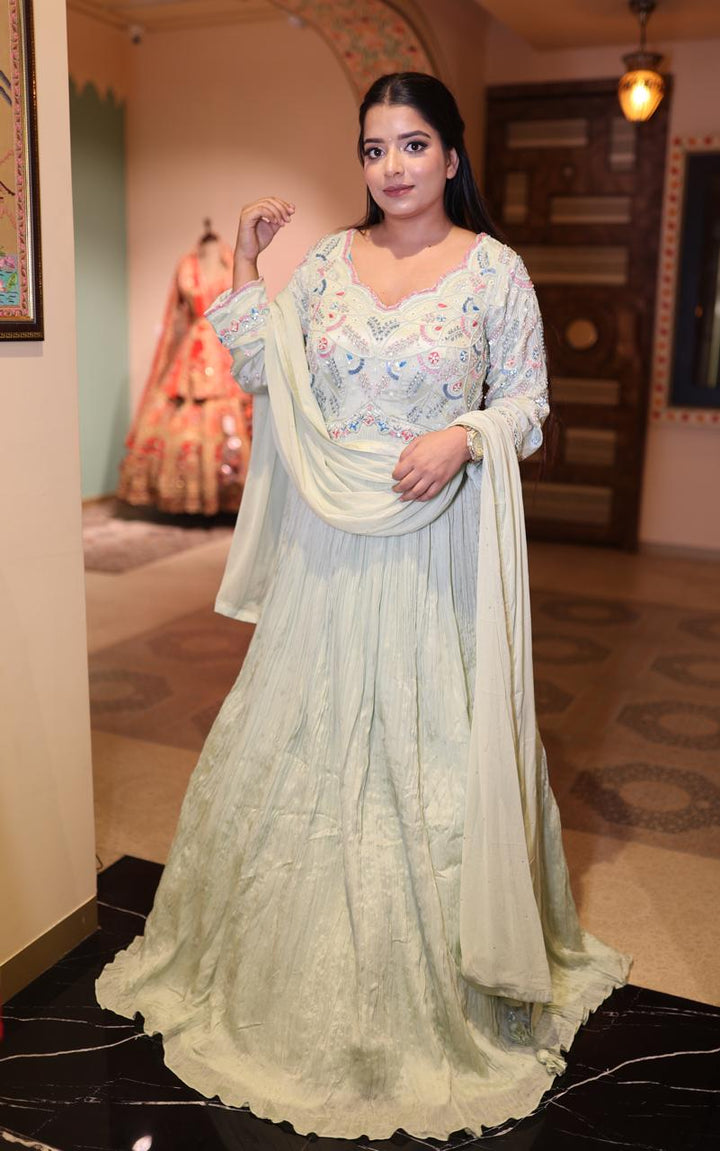 Elegant White Chinnon Anarkali Dress with Dupatta for Plus Sizes