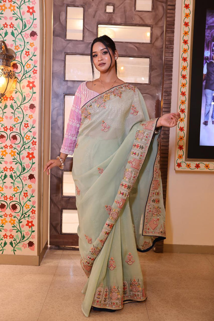 Serene Pastel Green Embroidered Saree with Elegant Border Detailing