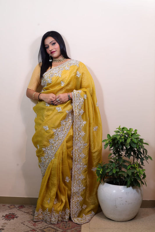 Radiant Yellow Tissue Saree with Intricate Embroidery