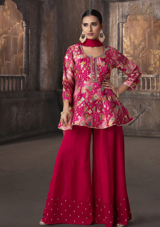 Vibrant Red Raw Silk Peplum Kurti with Palazzo and Dupatta