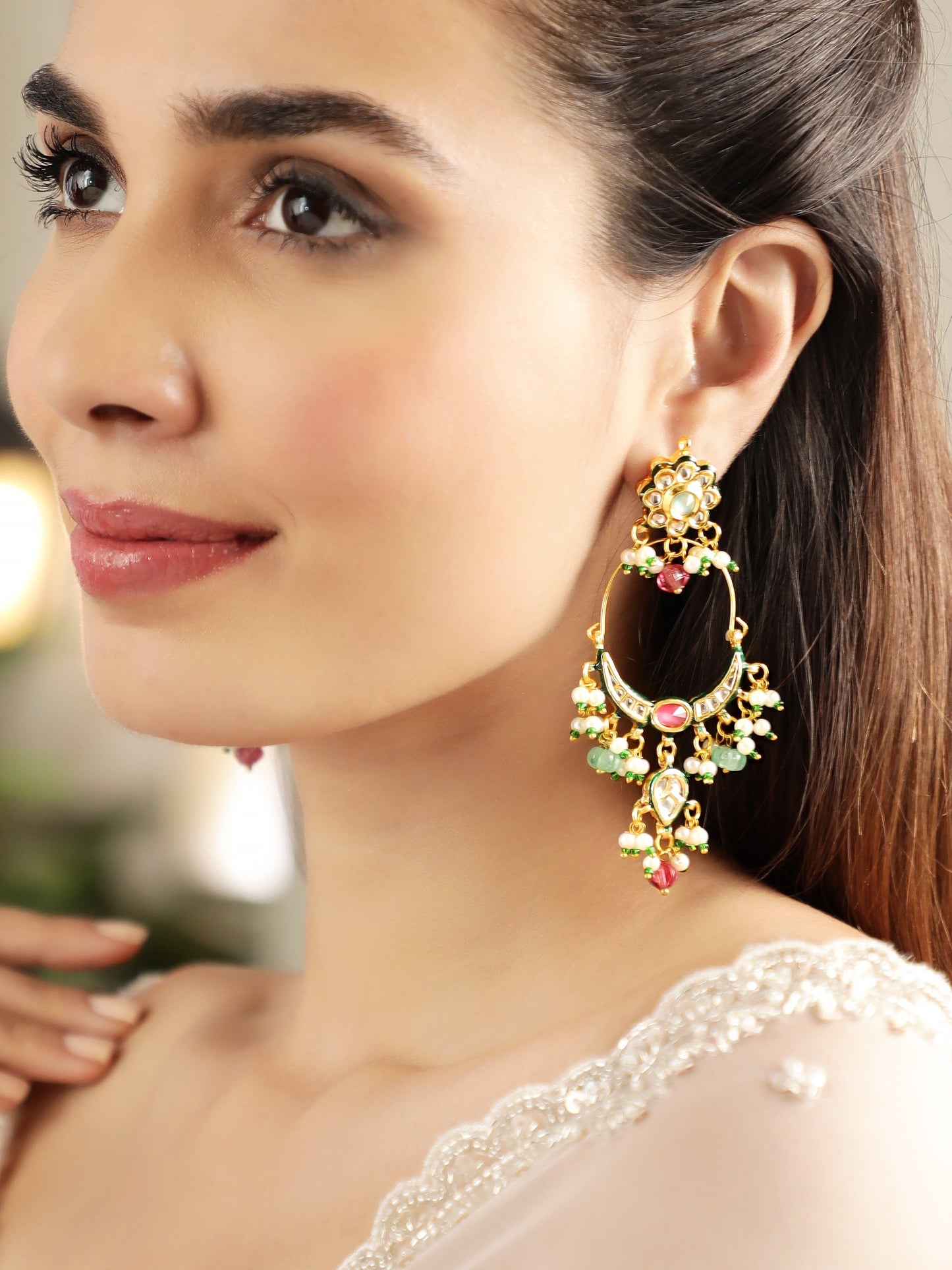 22K Gold plated kundan crystal with Pearl and Pastel beaded Regal chandbali Earring