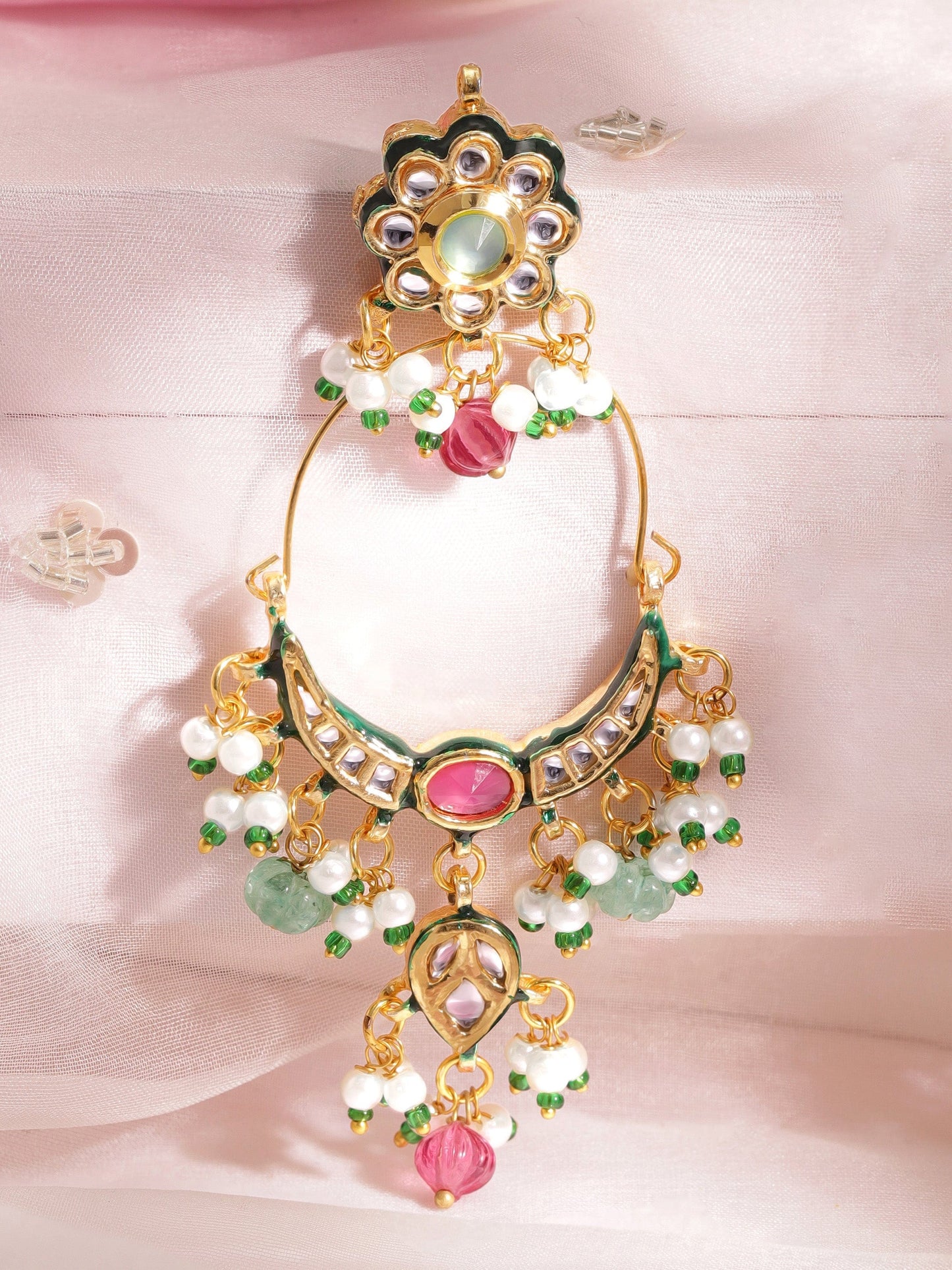 22K Gold plated kundan crystal with Pearl and Pastel beaded Regal chandbali Earring