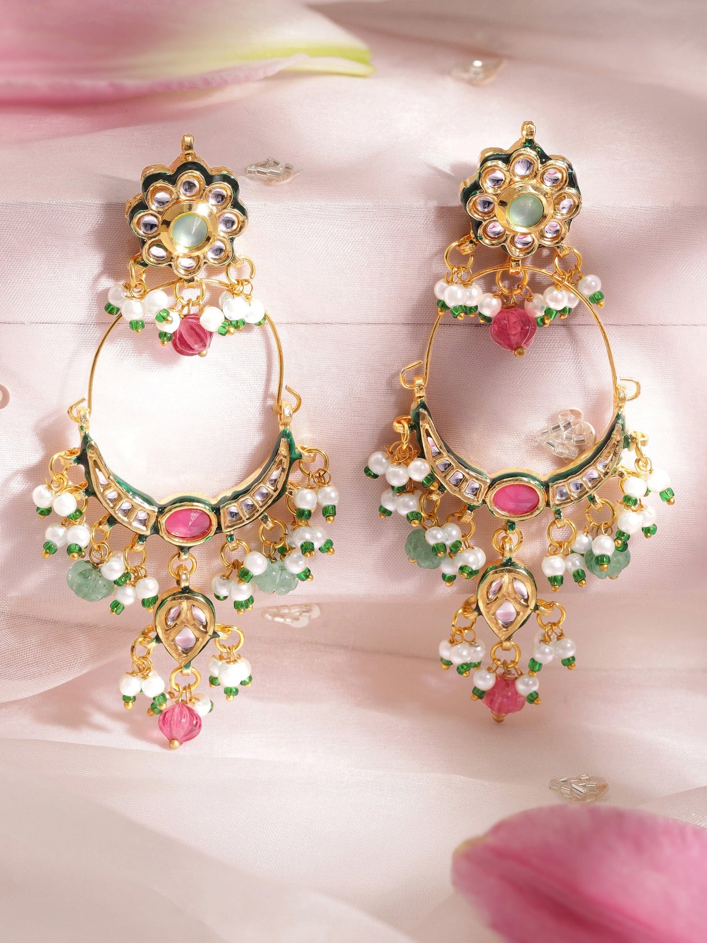 22K Gold plated kundan crystal with Pearl and Pastel beaded Regal chandbali Earring