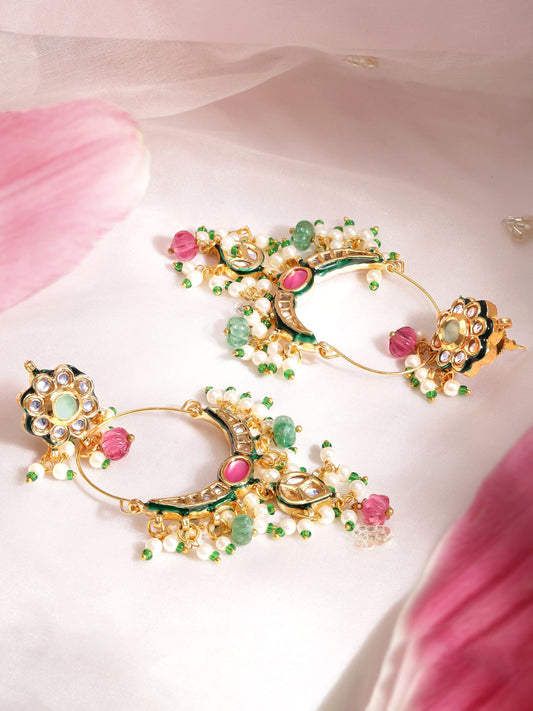 22K Gold plated kundan crystal with Pearl and Pastel beaded Regal chandbali Earring