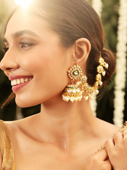 22K Gold plated Kundan crystal with statement Kan chain earrings