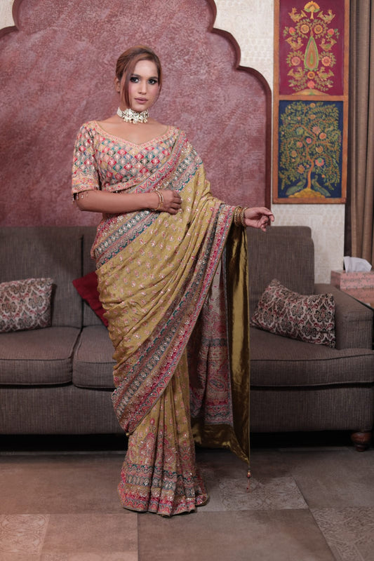 Opulent Multi-Color Satin Silk Saree with Intricate Embroidery