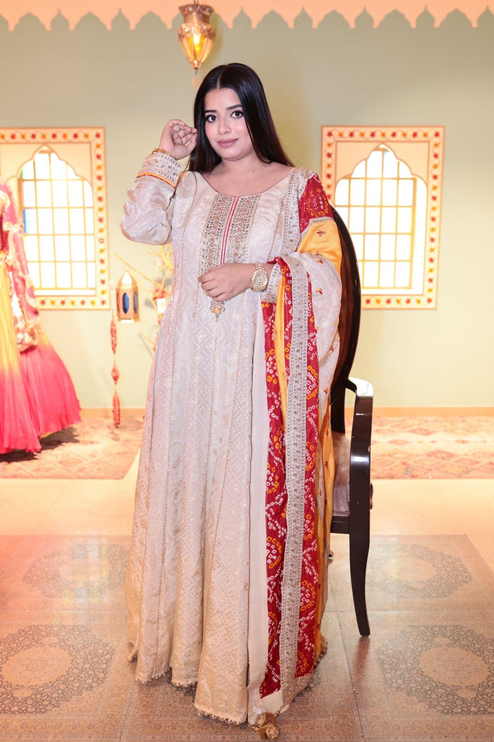 Cream Banarasi Silk Anarkali Dress with Heavy Dupatta