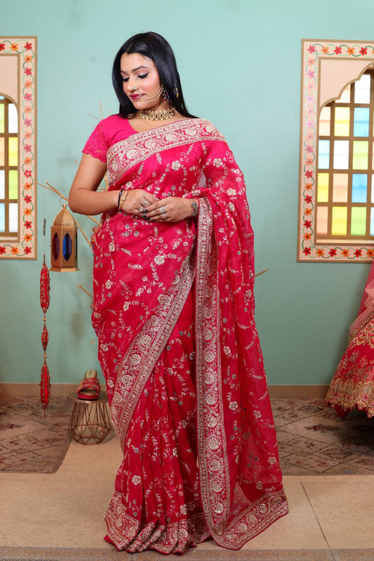 Elegant Magenta Soft Tissue Saree with Intricate Embroidery