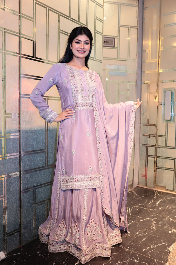 Pink Satin Silk Kurti with Skirt and Dupatta Set