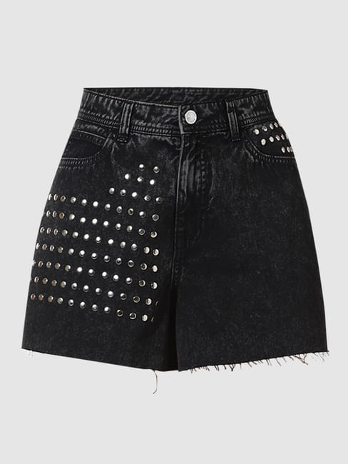Black Embellished Co-ord Set Denim Shorts